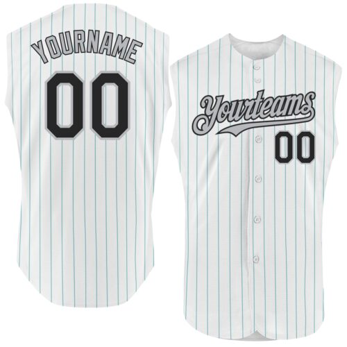 White1620 Custom White Teal Pinstripe Black-Gray Authentic Sleeveless Baseball Jersey