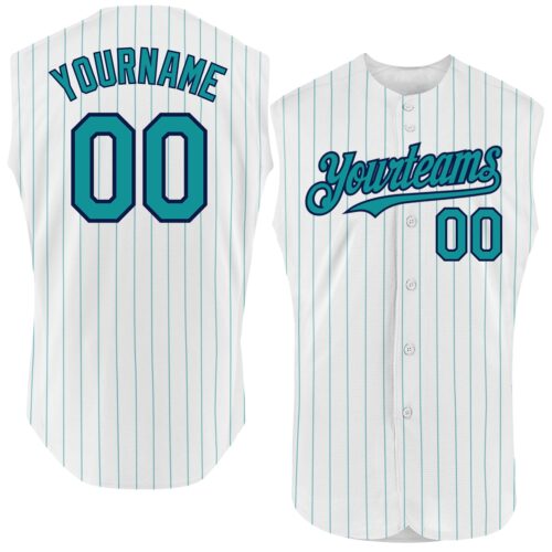 White1622 Custom White Teal Pinstripe Navy Authentic Sleeveless Baseball Jersey