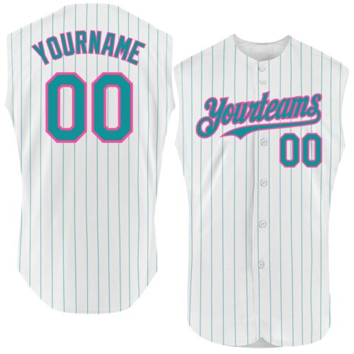White1623 Custom White Teal Pinstripe Pink Authentic Sleeveless Baseball Jersey