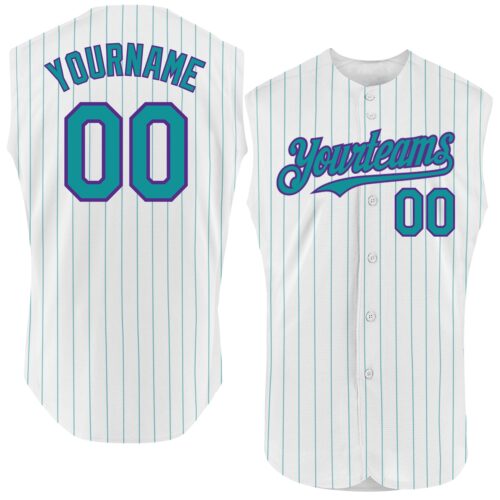 White1624 Custom White Teal Pinstripe Purple Authentic Sleeveless Baseball Jersey