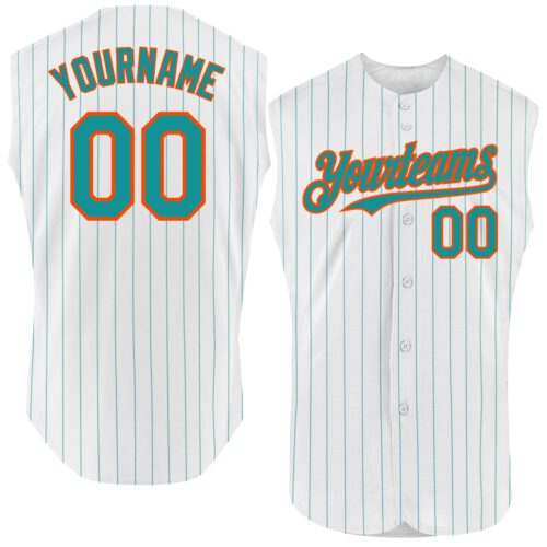 White1625 Custom White Teal Pinstripe Orange Authentic Sleeveless Baseball Jersey