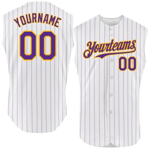 White1628 Custom White Purple Pinstripe Gold Authentic Sleeveless Baseball Jersey