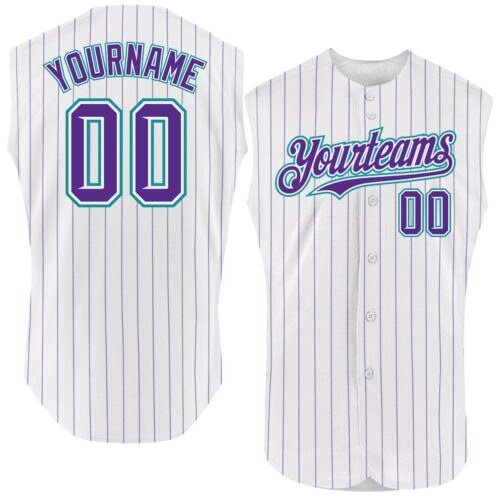 White1631 Custom White Purple Pinstripe Teal Authentic Sleeveless Baseball Jersey