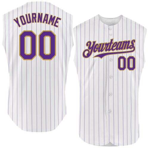 White1633 Custom White Purple Pinstripe Old Gold Authentic Sleeveless Baseball Jersey