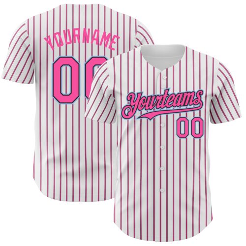 White1666 Custom White (Black Pink Pinstripe) Pink Black-Light Blue Authentic Baseball Jersey