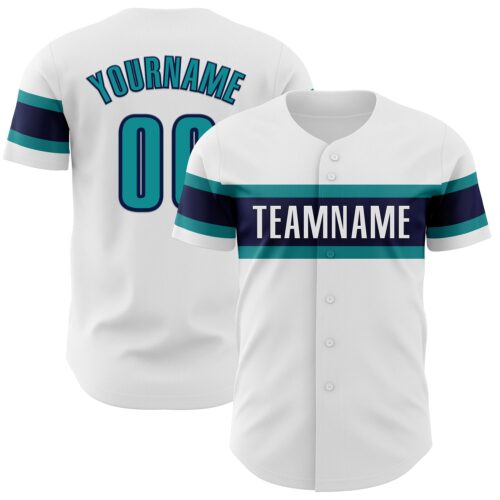 White1809 Custom White Teal-Navy Authentic Baseball Jersey