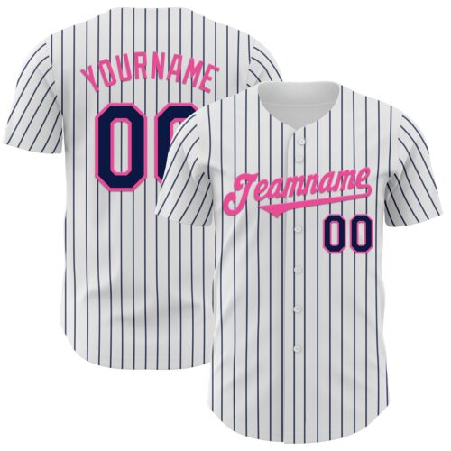 White2036 Custom White Navy Pinstripe Pink Authentic Baseball Jersey