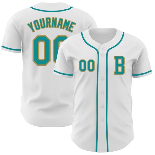 White2171_15b49973-3993-4a4e-b5a0-c271035767c9 Custom White Teal-Old Gold Authentic Baseball Jersey