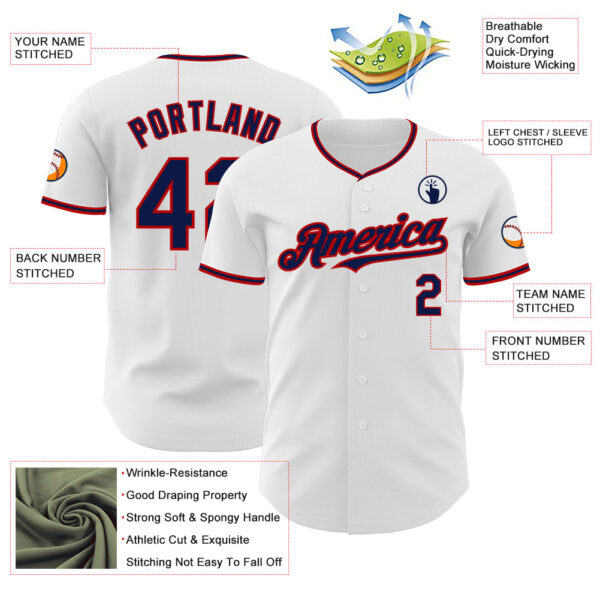 Custom White Navy-Red Authentic Baseball Jersey