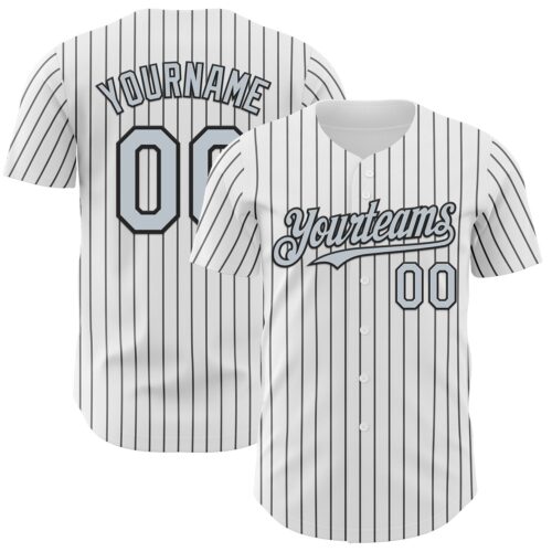White2239 Custom White Black Pinstripe Silver Authentic Baseball Jersey