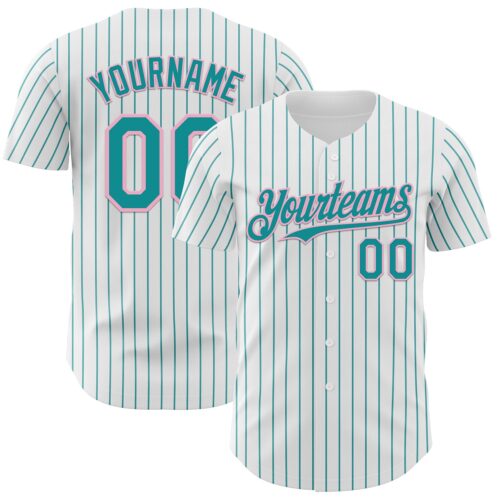 White2242 Custom White Teal Pinstripe Light Pink Authentic Baseball Jersey