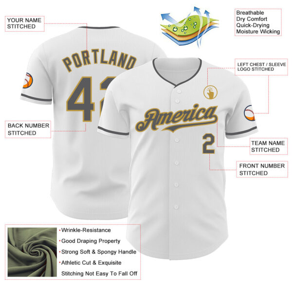 Custom White Steel Gray-Old Gold Authentic Baseball Jersey