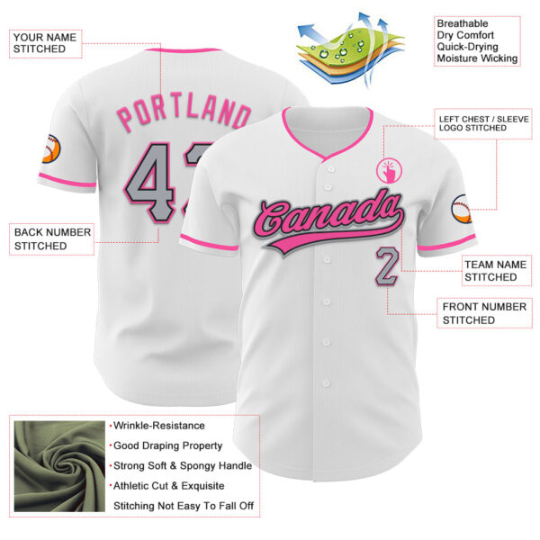 Custom White Gray Black-Pink Authentic Baseball Jersey