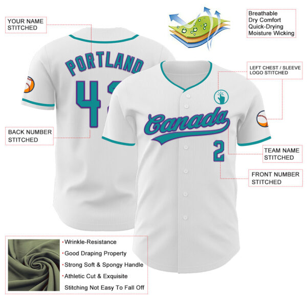 Custom White Teal-Purple Authentic Baseball Jersey