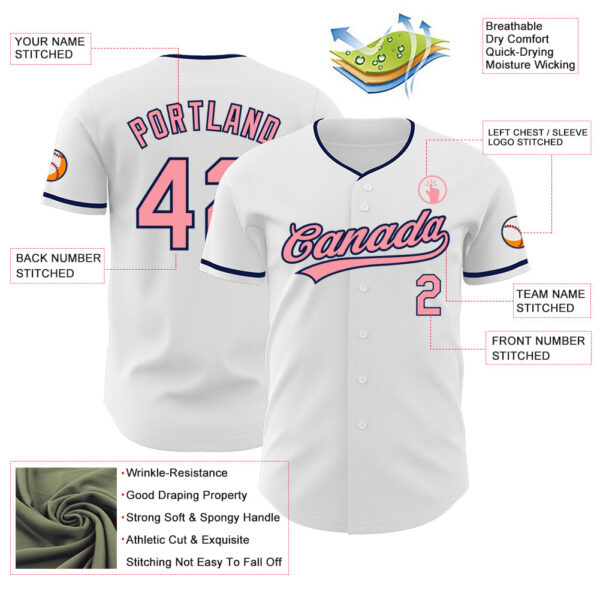 Custom White Medium Pink-Navy Authentic Baseball Jersey