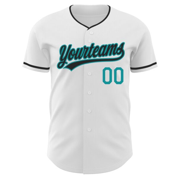 Custom White Black-Teal Authentic Baseball Jersey