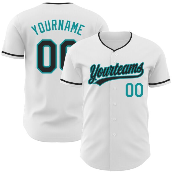 Custom White Black-Teal Authentic Baseball Jersey