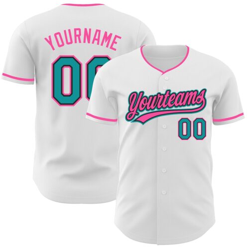 White2395 Custom White Teal Black-Pink Authentic Baseball Jersey