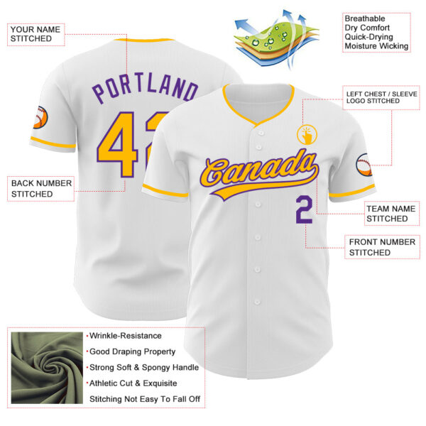 Custom White Gold-Purple Authentic Baseball Jersey