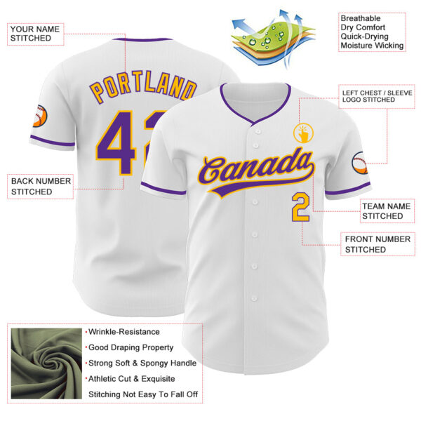 Custom White Purple-Gold Authentic Baseball Jersey
