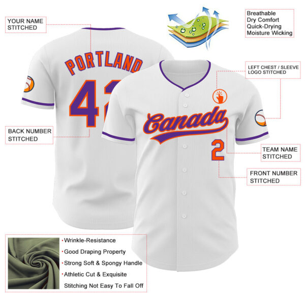 Custom White Purple-Orange Authentic Baseball Jersey