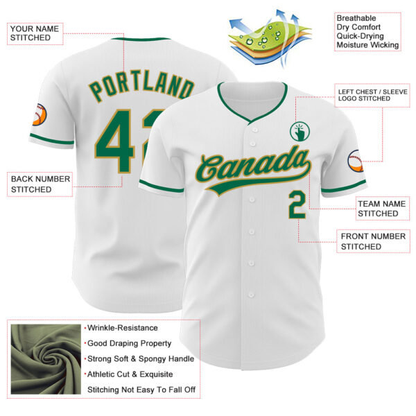 Custom White Kelly Green-Old Gold Authentic Baseball Jersey