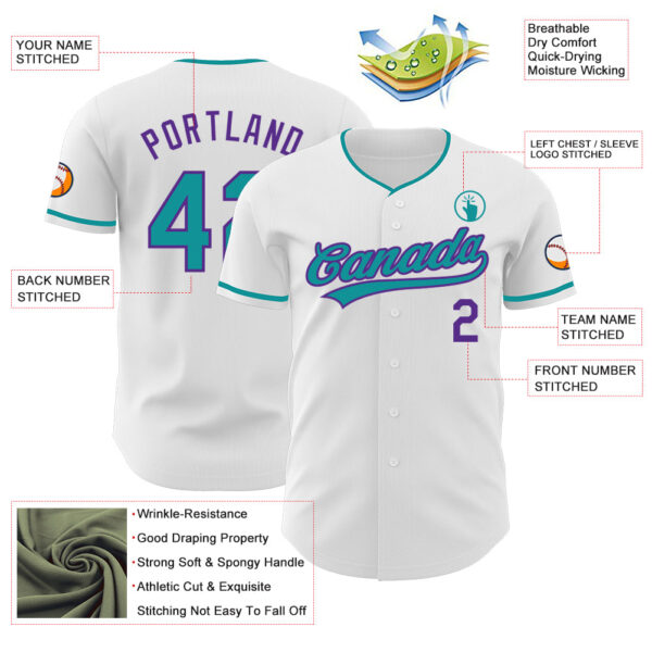 Custom White Teal-Purple Authentic Baseball Jersey