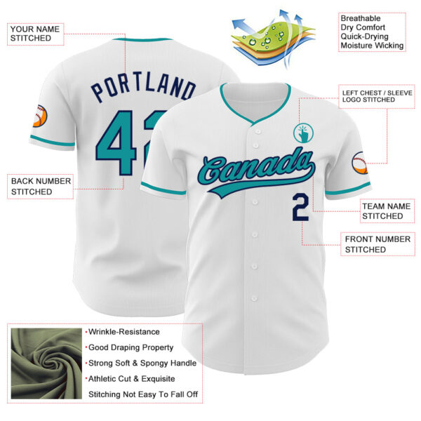 Custom White Teal-Navy Authentic Baseball Jersey
