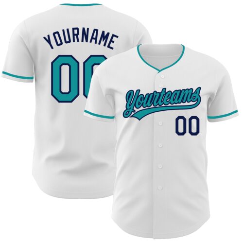 White2424 Custom White Teal-Navy Authentic Baseball Jersey