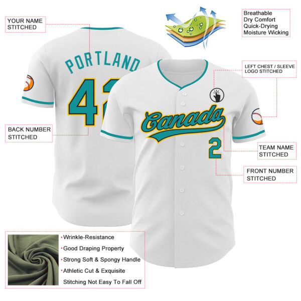 Custom White Teal Black-Yellow Authentic Baseball Jersey