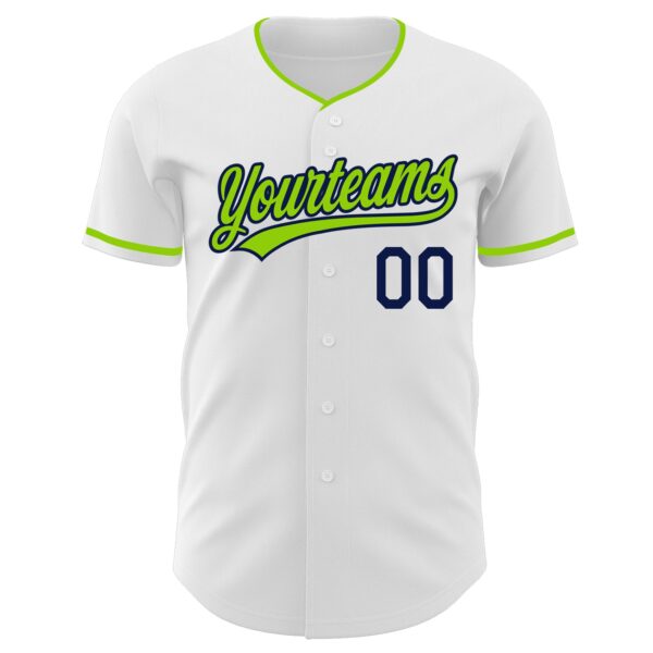 Custom White Neon Green-Navy Authentic Baseball Jersey