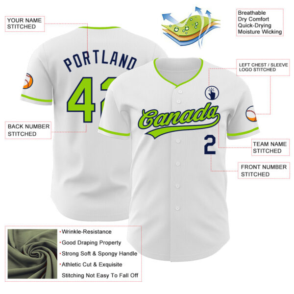 Custom White Neon Green-Navy Authentic Baseball Jersey