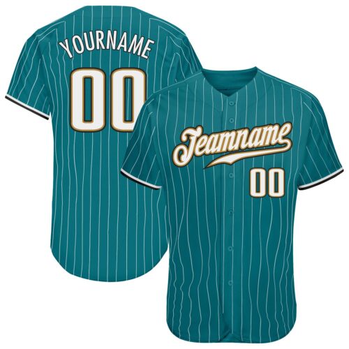 aqua_0044 Custom Teal White Pinstripe White-Old Gold Authentic Baseball Jersey