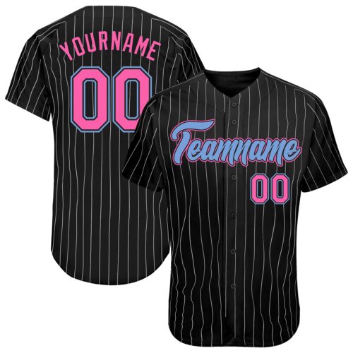 black_0438 Custom Black White Pinstripe Pink-Light Blue Authentic Baseball Jersey
