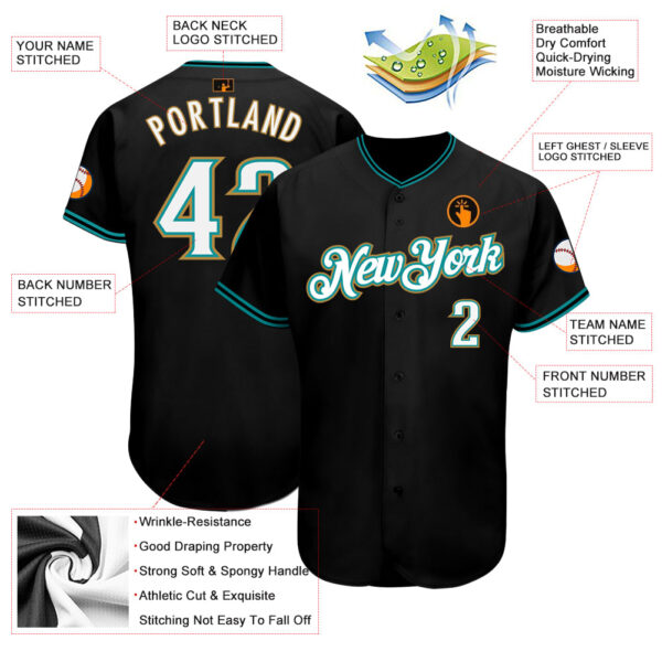 Custom Black White-Teal Authentic Baseball Jersey
