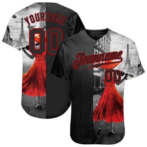 black_0796 Custom Black Black-Red 3D Pattern Design A Girl With The Eiffel Tower Authentic Baseball Jersey