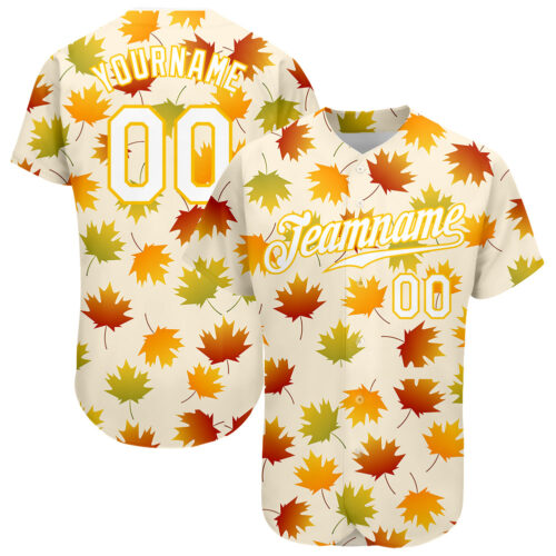cream_0125 Custom Cream White-Gold 3D Pattern Design Maple Leaf Authentic Baseball Jersey
