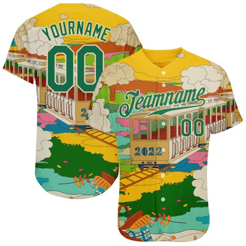 gold_0219 Custom Gold Kelly Green-Cream 3D Pattern Design Train Authentic Baseball Jersey