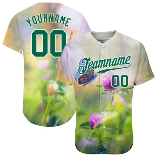 gray_0259 Custom Gray Kelly Green-White 3D Pattern Design Flowers And Butterfly Authentic Baseball Jersey