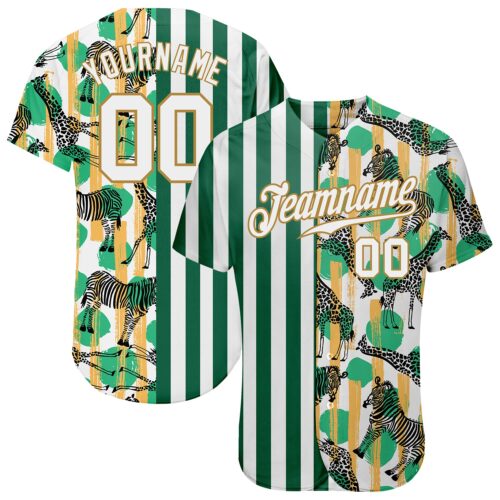 kelly_green_0190 Custom Kelly Green White-Old Gold 3D Pattern Design Zebras And Giraffes Authentic Baseball Jersey