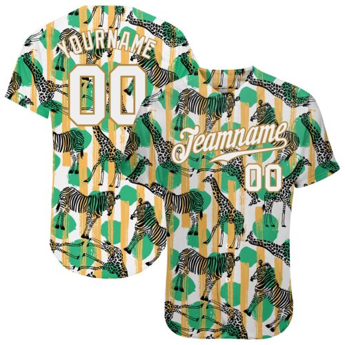 kelly_green_0192 Custom Kelly Green White-Old Gold 3D Pattern Design Zebras And Giraffes Authentic Baseball Jersey