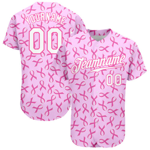 pink_0076 Custom Pink White 3D Pattern Design Breast Cancer Authentic Baseball Jersey