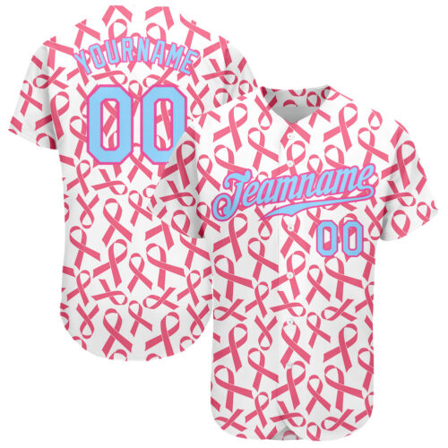 pink_0078 Custom Pink Light Blue-Pink 3D Pattern Design Breast Cancer Authentic Baseball Jersey