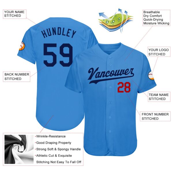 Custom Powder Blue Navy-Red Authentic Baseball Jersey