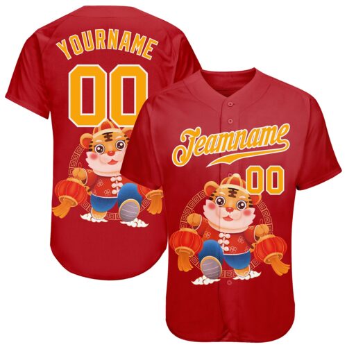 red_0386 Custom Red Gold-White 3D Pattern Design Cute Tiger Authentic Baseball Jersey