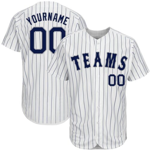 white_0077 Custom White Navy Pinstripe Navy-Gray Authentic Baseball Jersey