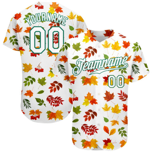 white_0592 Custom White White-Kelly Green 3D Pattern Design Autumn Leaves Authentic Baseball Jersey