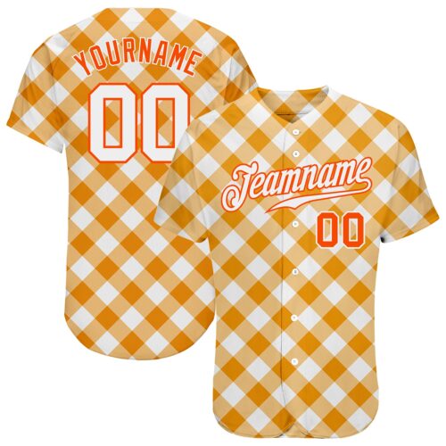 white_0806 Custom White White-Orange 3D Pattern Design Orange Plaid Authentic Baseball Jersey